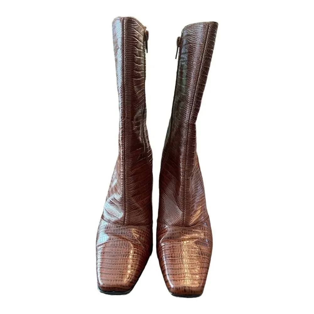 Toral Daisy Heeled Boots Square Toe Croc Leather Square Toe Classy Y2K Sz 38